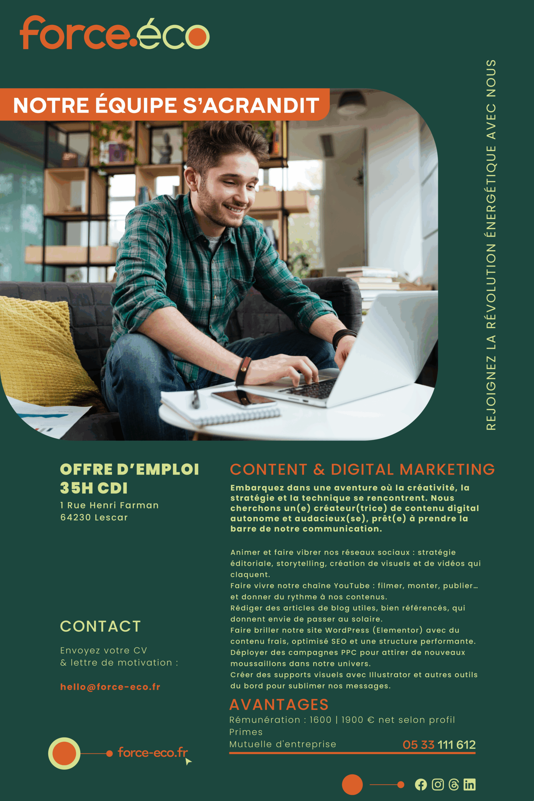 Offre d'emploi Photovoltaique à Pau | Force Éco Content & Digital Marketing Manager